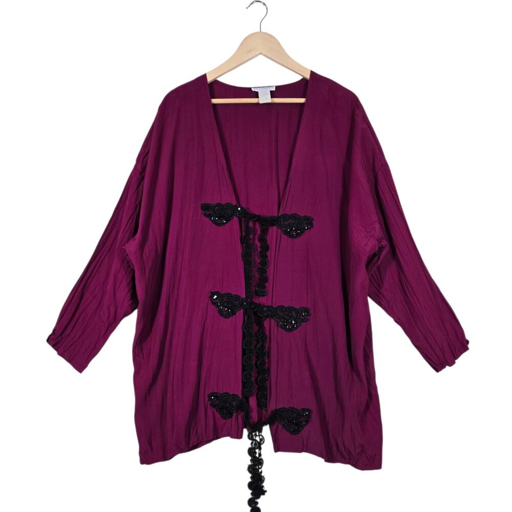 VTG Lew Magram Collection Tunic Cardigan Jacket Maroon Beaded Lace Tie Front